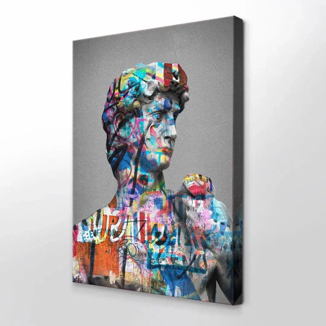 High-resolution crop showcasing the neon pink and orange color palette applied to the neck of the David Vandal canvas.