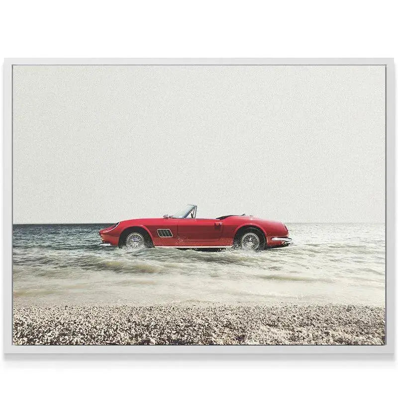 Wide shot of the red sports car against the white, grainy sky background, symbolizing the ultimate Day Off.
