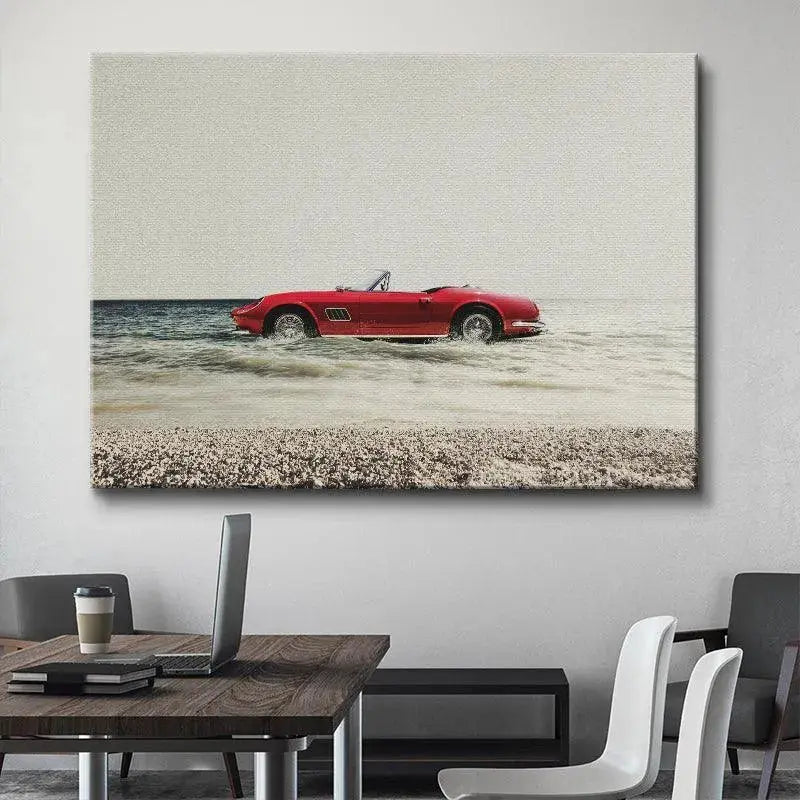 Low angle view showing ocean waves splashing around the sides of the vintage car in the Day Off print.