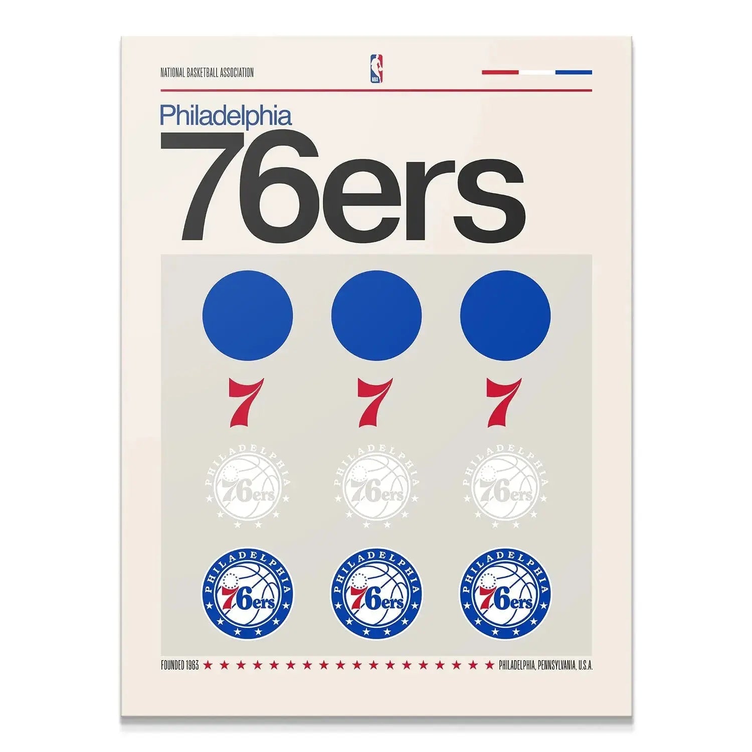 Full view of the conceptual 'Deconstructed Logo - 76ers' poster art showcasing all elements in a grid.