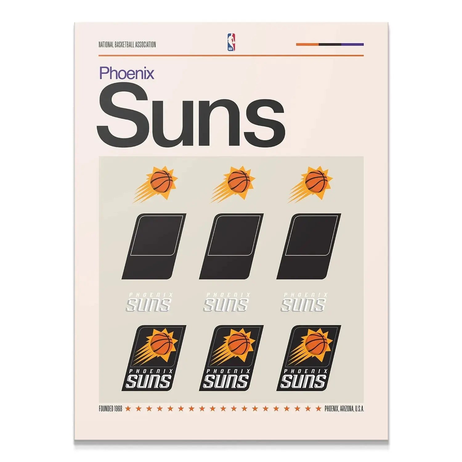 Full overhead view of the graphic composition, Deconstructed Logo - Suns display print.