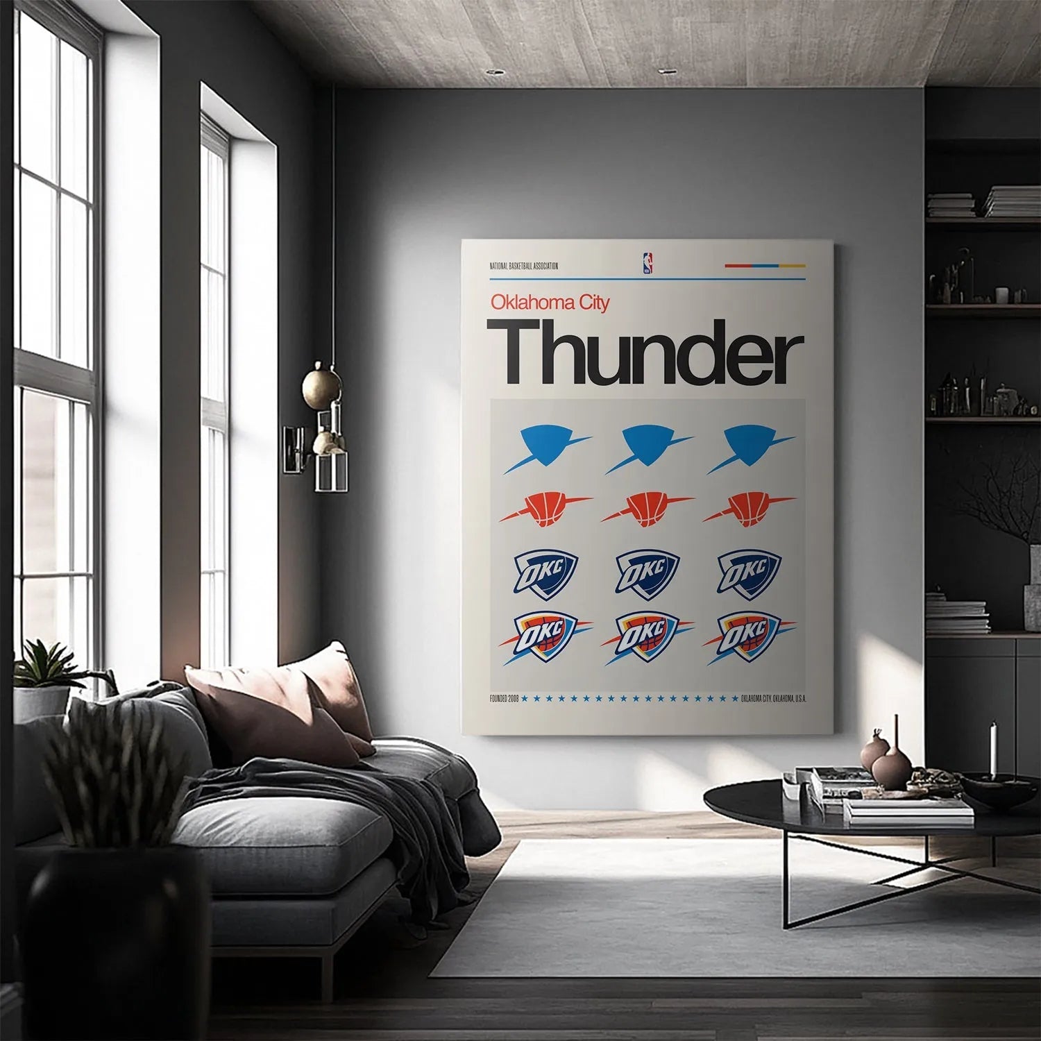 Overhead angle showcasing the large 'Thunder' typography centered above the graphic elements on the Deconstructed Logo - Thunder print.