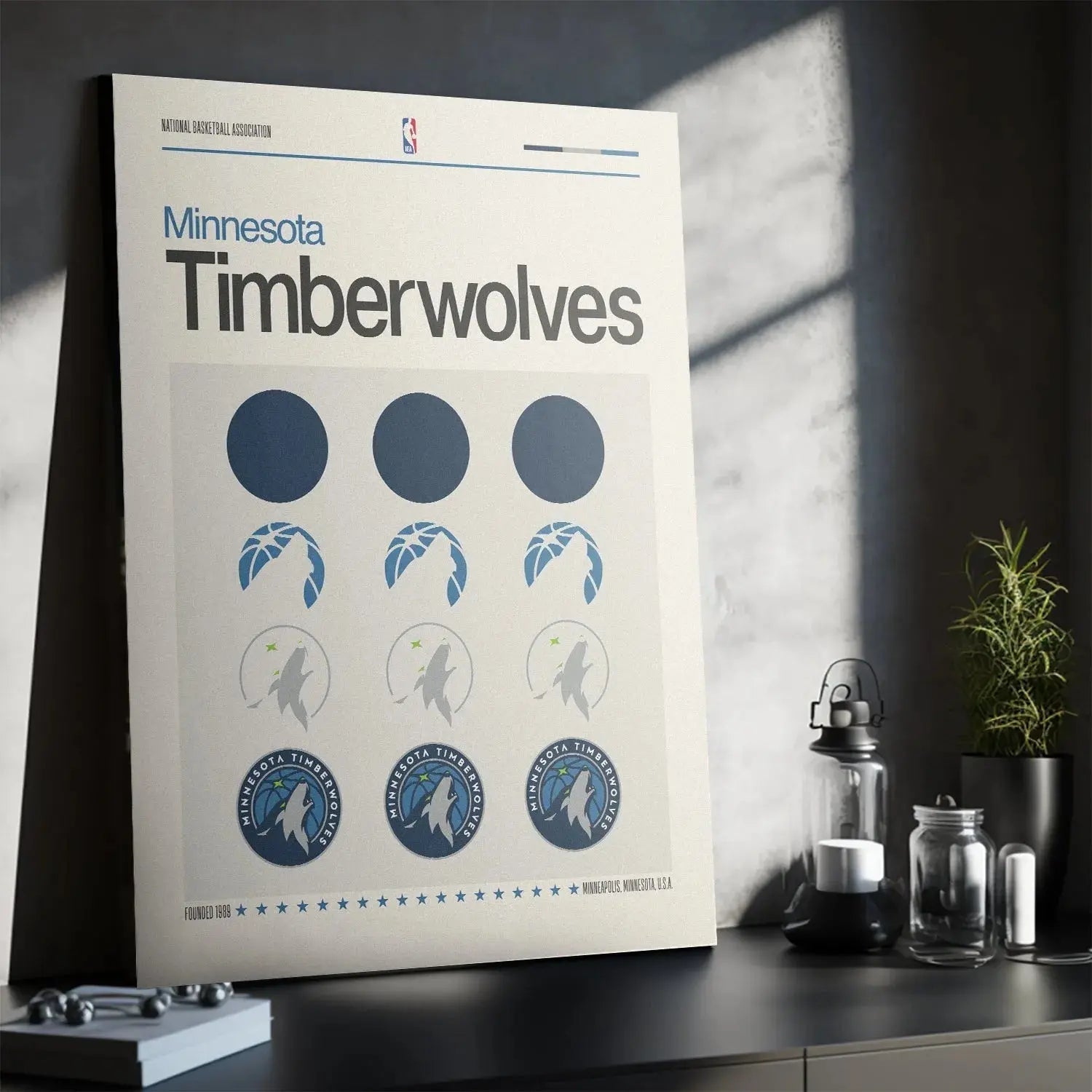 Angled shot capturing the matte paper texture of the Deconstructed Logo - Timberwolves wall art print.