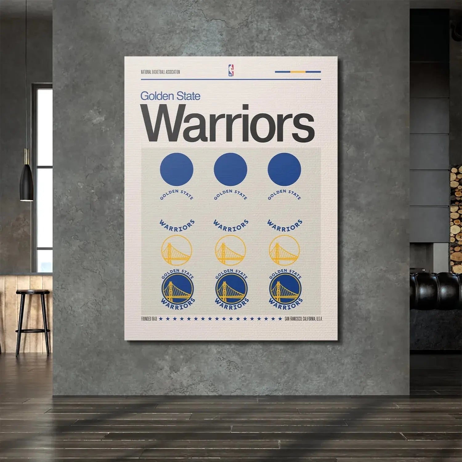 Lifestyle image demonstrating the 'Deconstructed Logo - Warriors' framed and displayed on a contemporary wall.