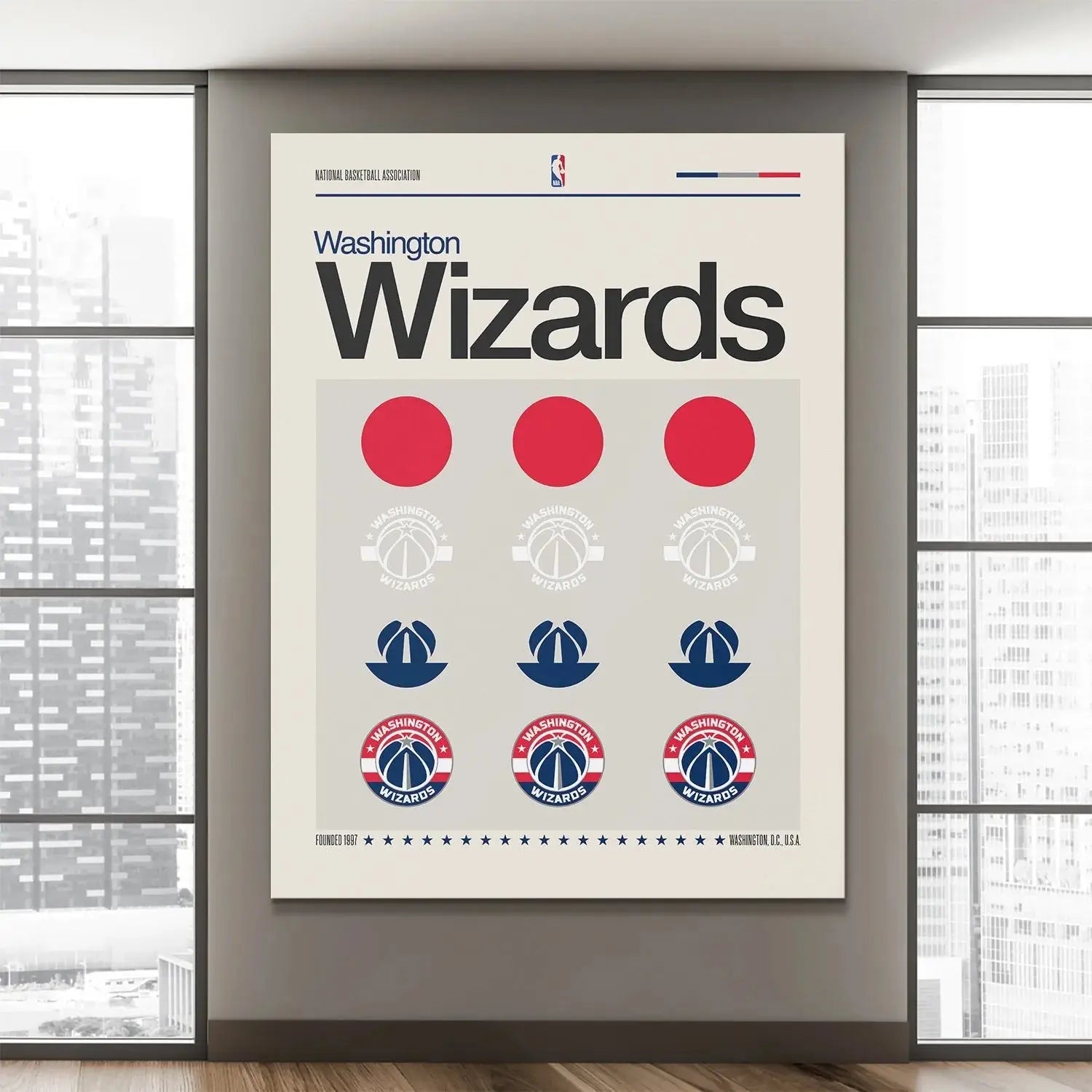Corner view highlighting the official NBA licensing mark next to the Deconstructed Logo - Wizards diagram.
