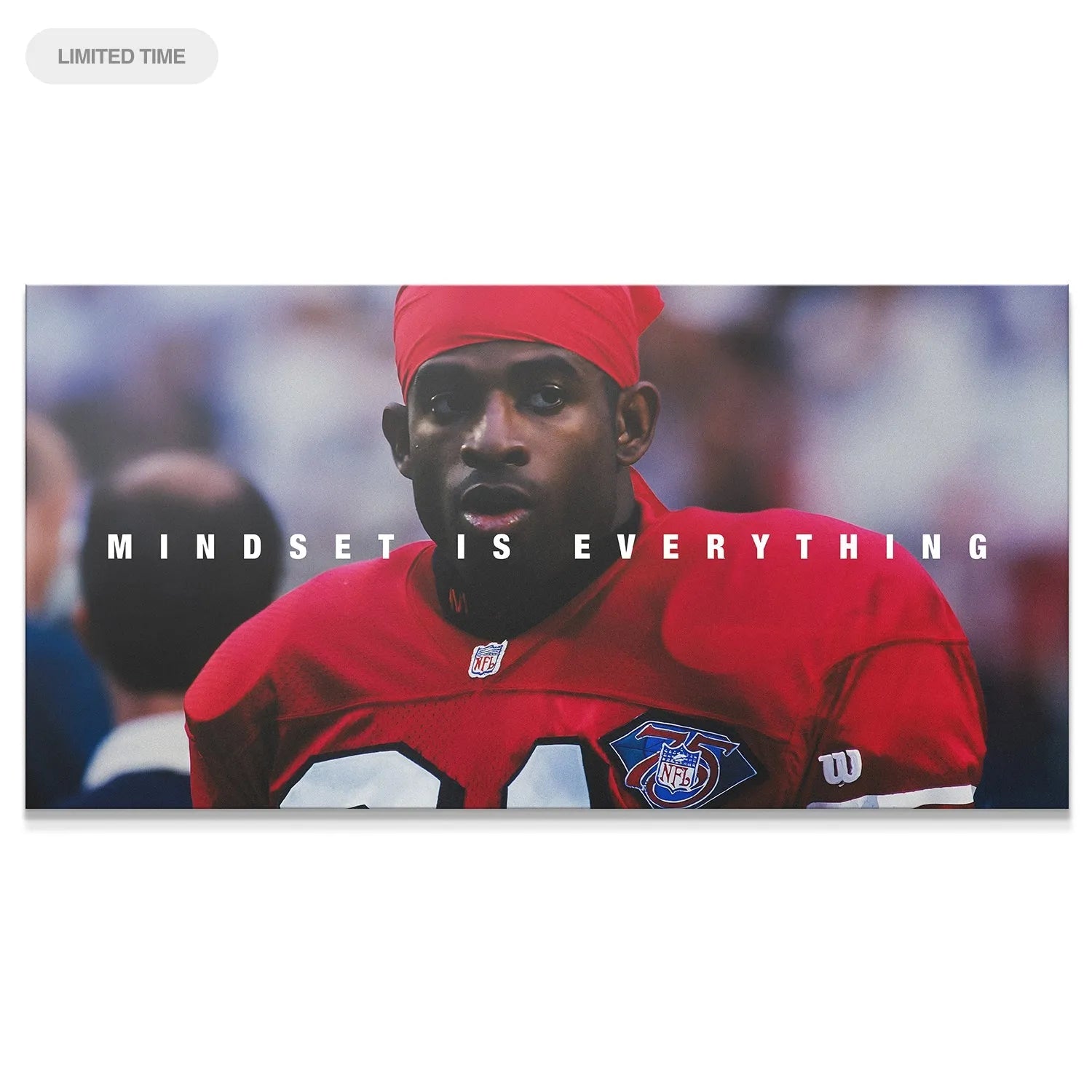 Close-up of intense focus on the face in the 'Deion Sanders - Mindset is Everything' motivational poster.