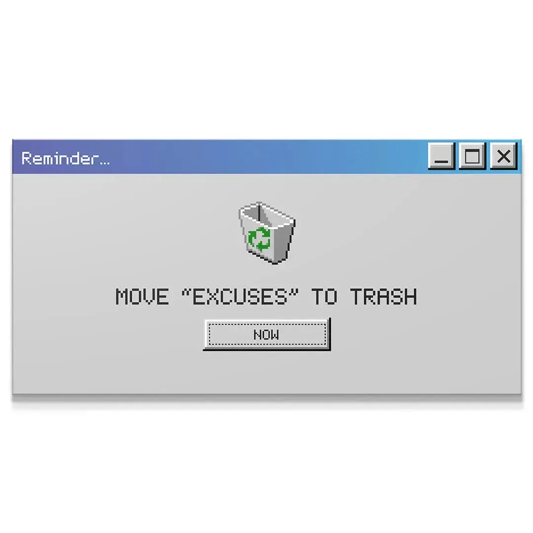 Close-up of the pixel art trash can icon with 'Delete Excuses' motivational reminder.