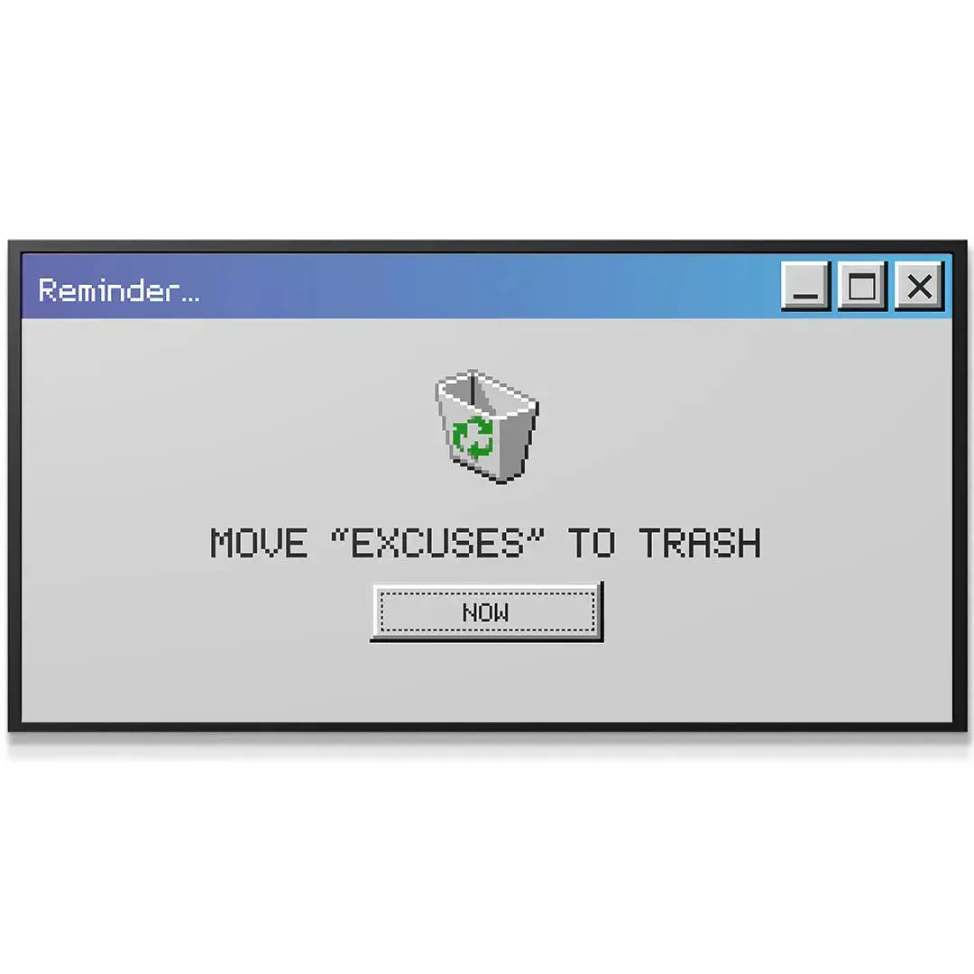 Full frontal view of the retro computing dialogue box art titled 'Delete Excuses'.