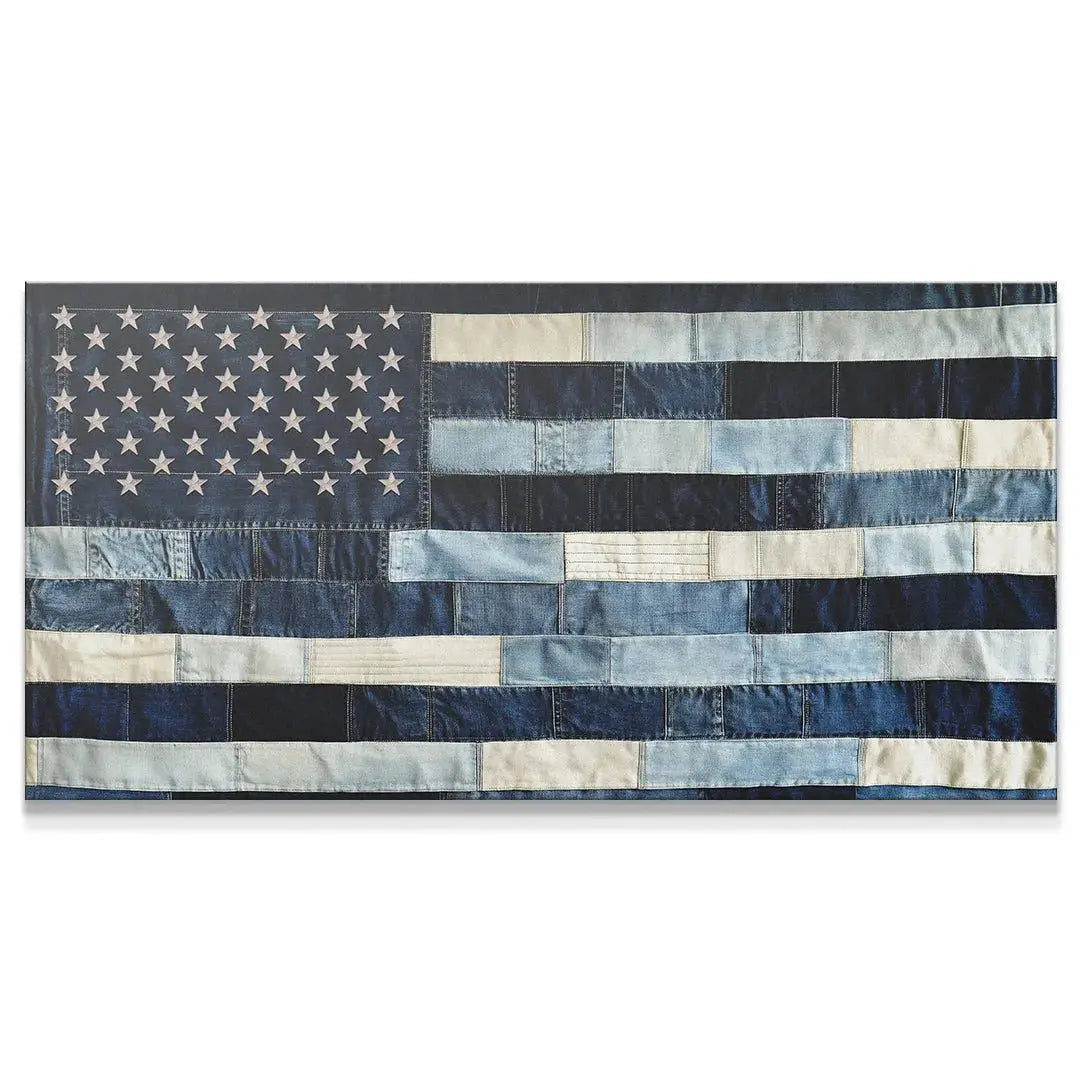 Close-up texture of the stitched patchwork Denim USA Flag fabric details.