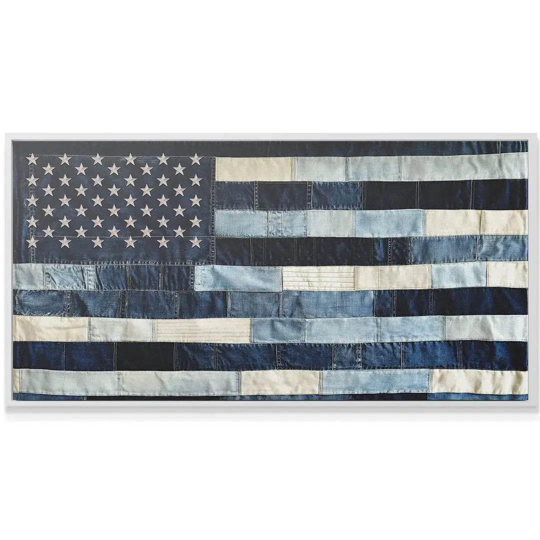 Corner detail showing the star field craftsmanship of the blue patched Denim USA Flag.