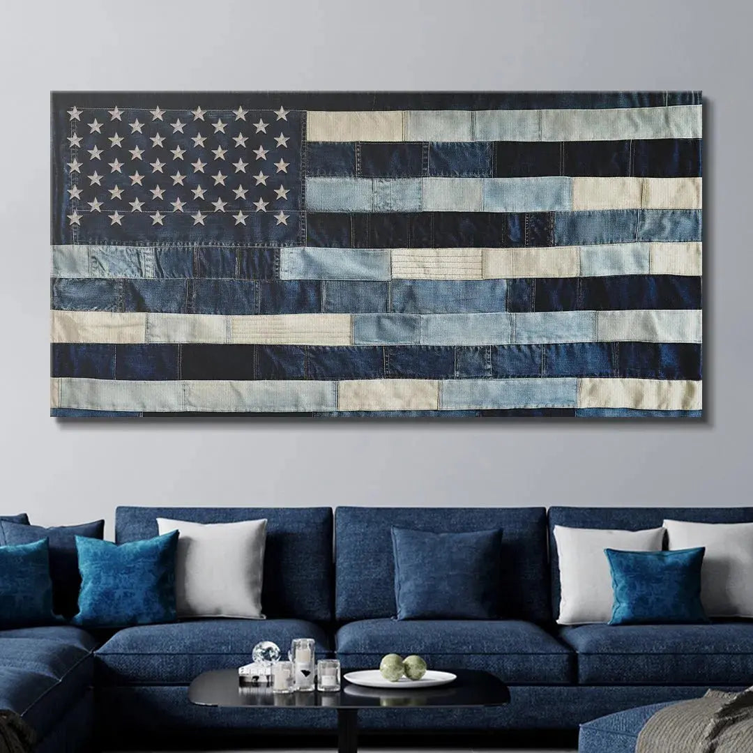 Angled shot highlighting the varying indigo and light washes of the rugged Denim USA Flag.