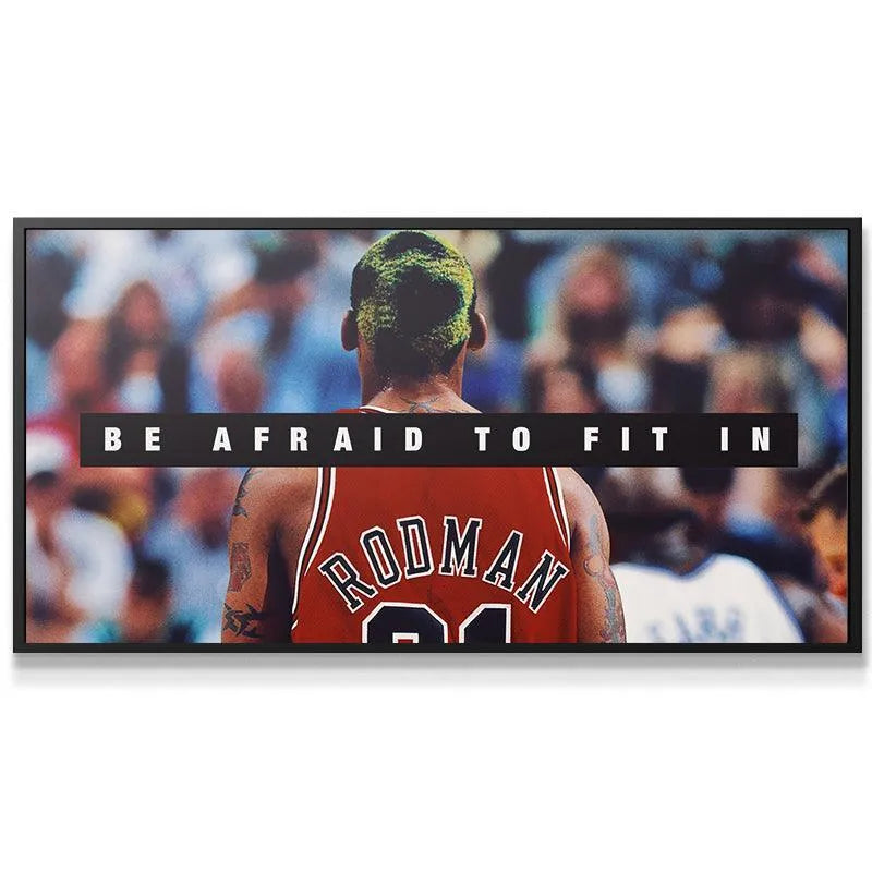 Close-up detail of Rodman’s red 91 jersey and the quote overlay, highlighting 'Dennis Rodman - Be Afraid To Fit In'.