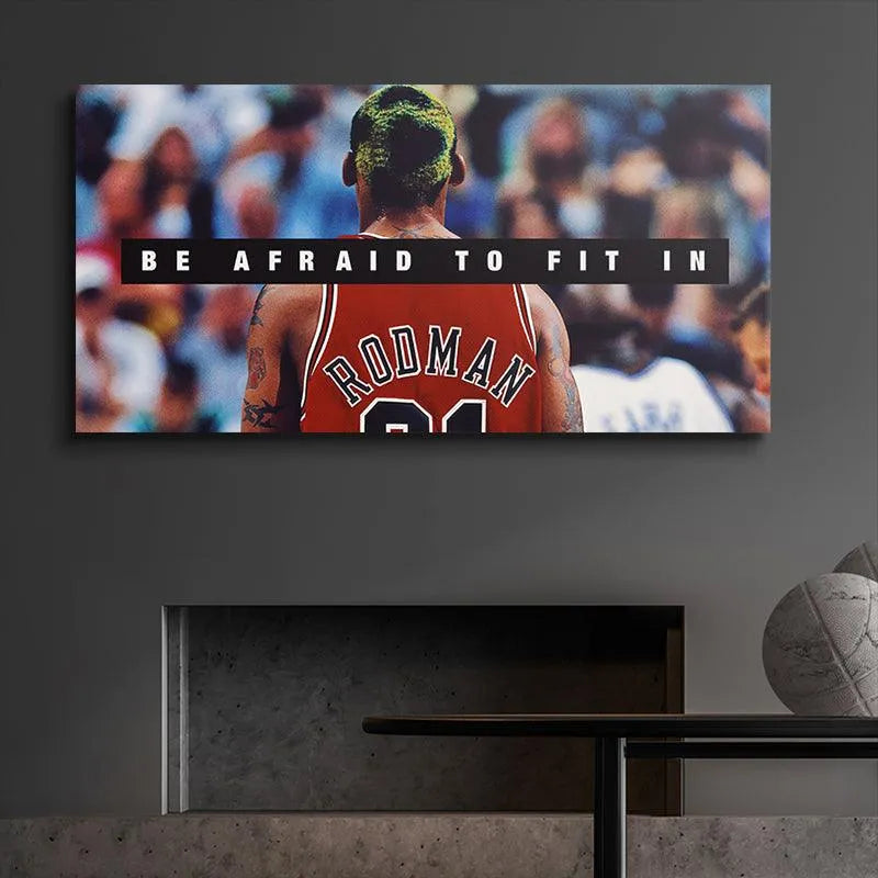 Textured canvas print of Dennis Rodman - Be Afraid To Fit In, emphasizing the grain and saturated colors of the image.