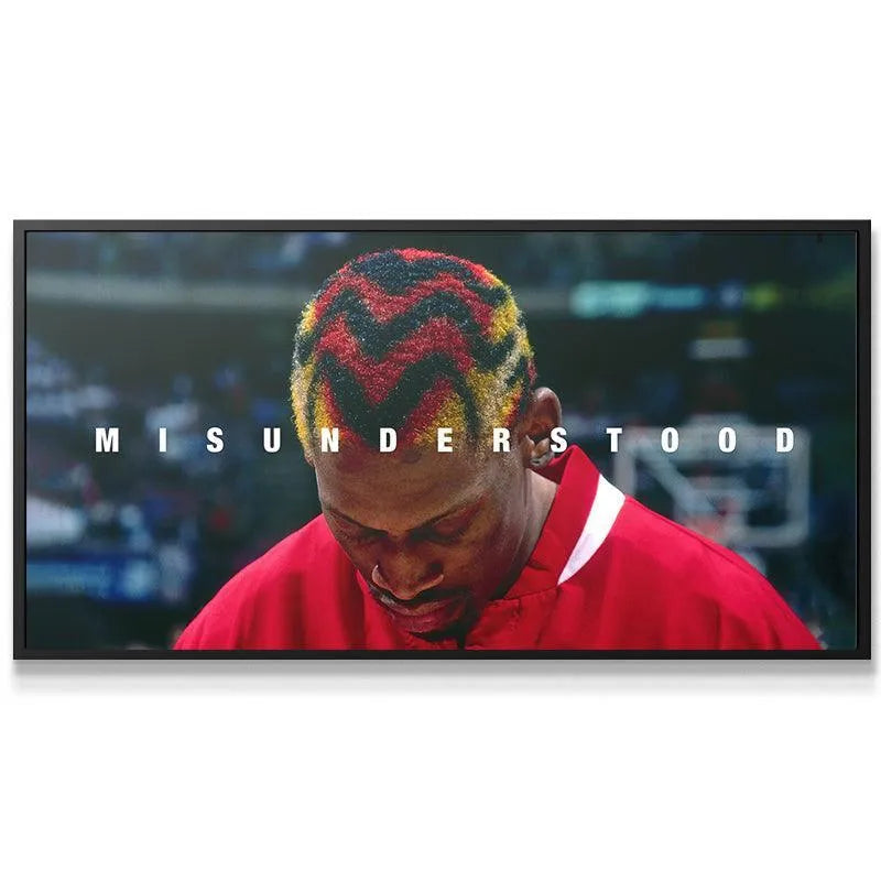 Vivid image detailing the red, yellow, and black chevron hairstyle texture on the Dennis Rodman - Misunderstood print.