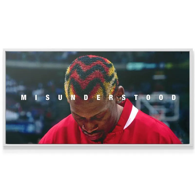 Wide-angle view of the Dennis Rodman - Misunderstood canvas against a subtle basketball arena background setting.