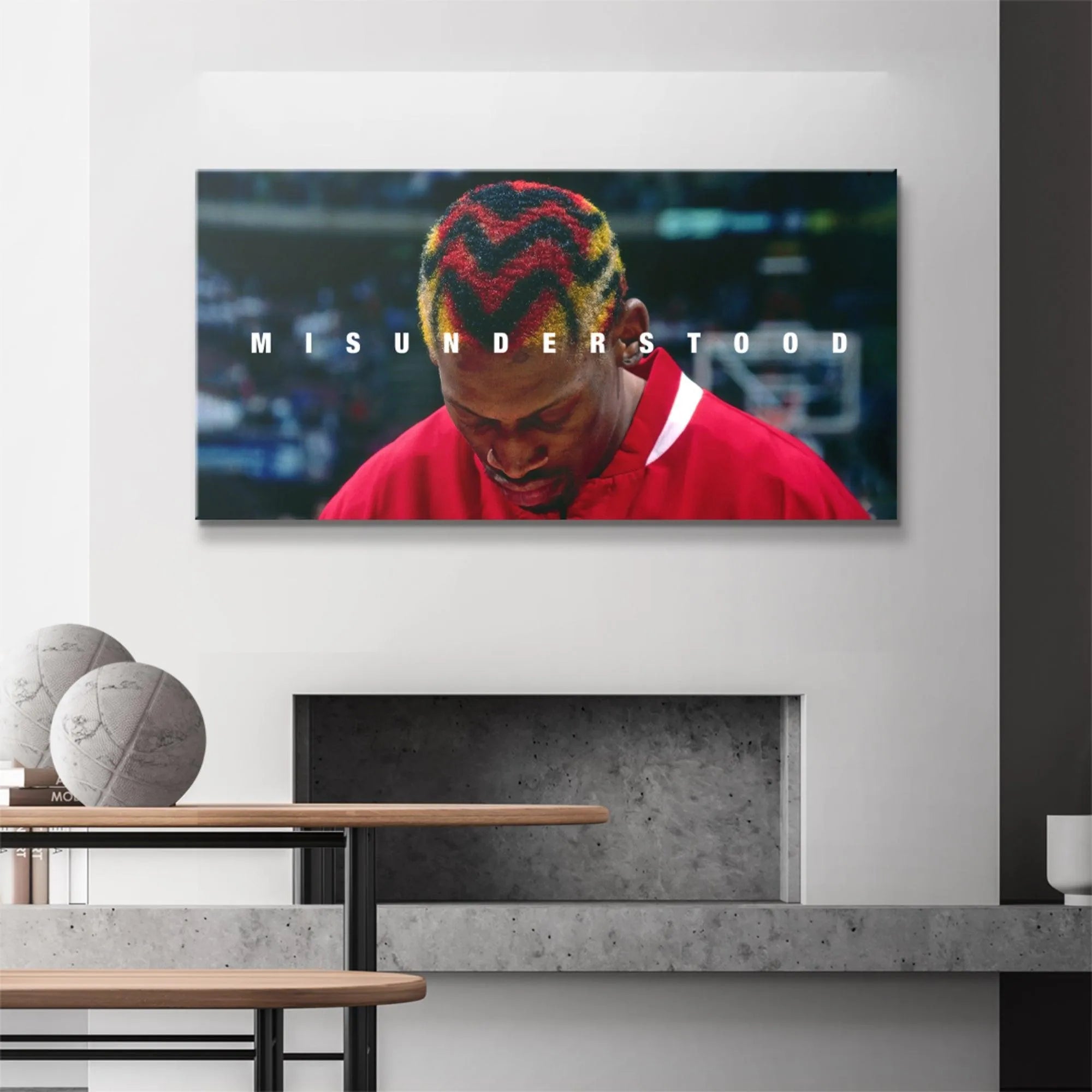 Graphic design representation of the basketball star, titled Dennis Rodman - Misunderstood, featuring bold text overlay.