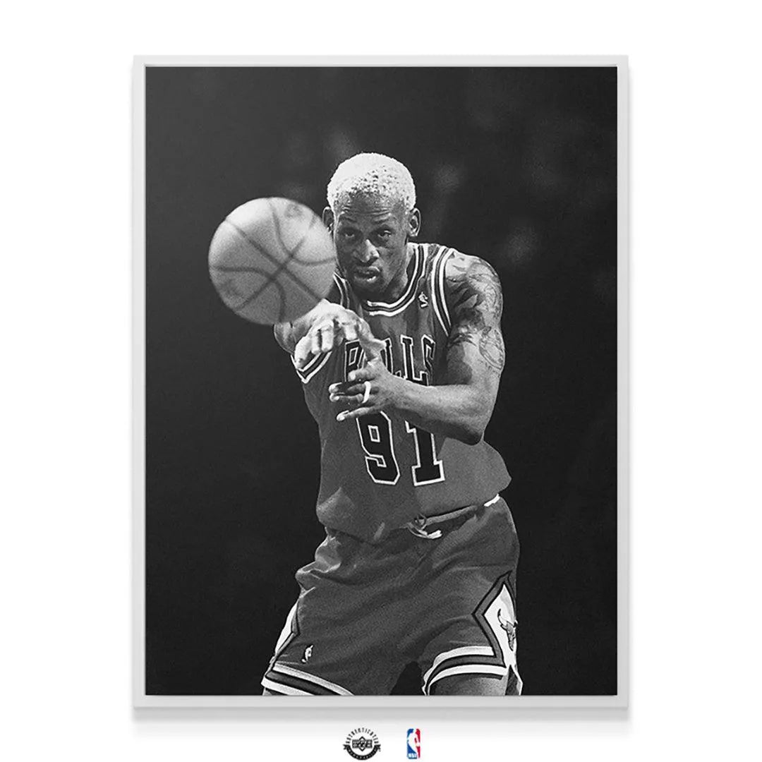 Detailed texture of the canvas print highlighting the black and white grit of Dennis Rodman - Perspective.