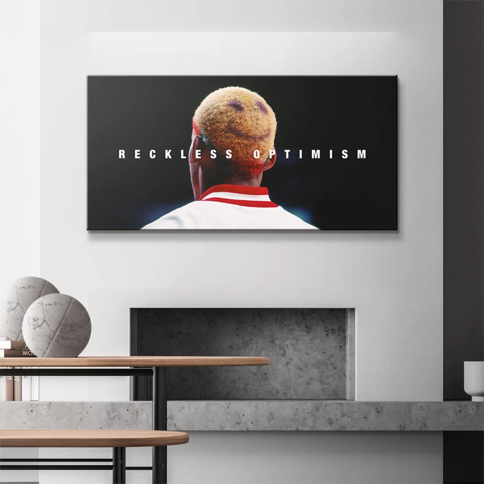 Angled gallery view emphasizing the stark black background of the Dennis Rodman - Reckless Optimism canvas.