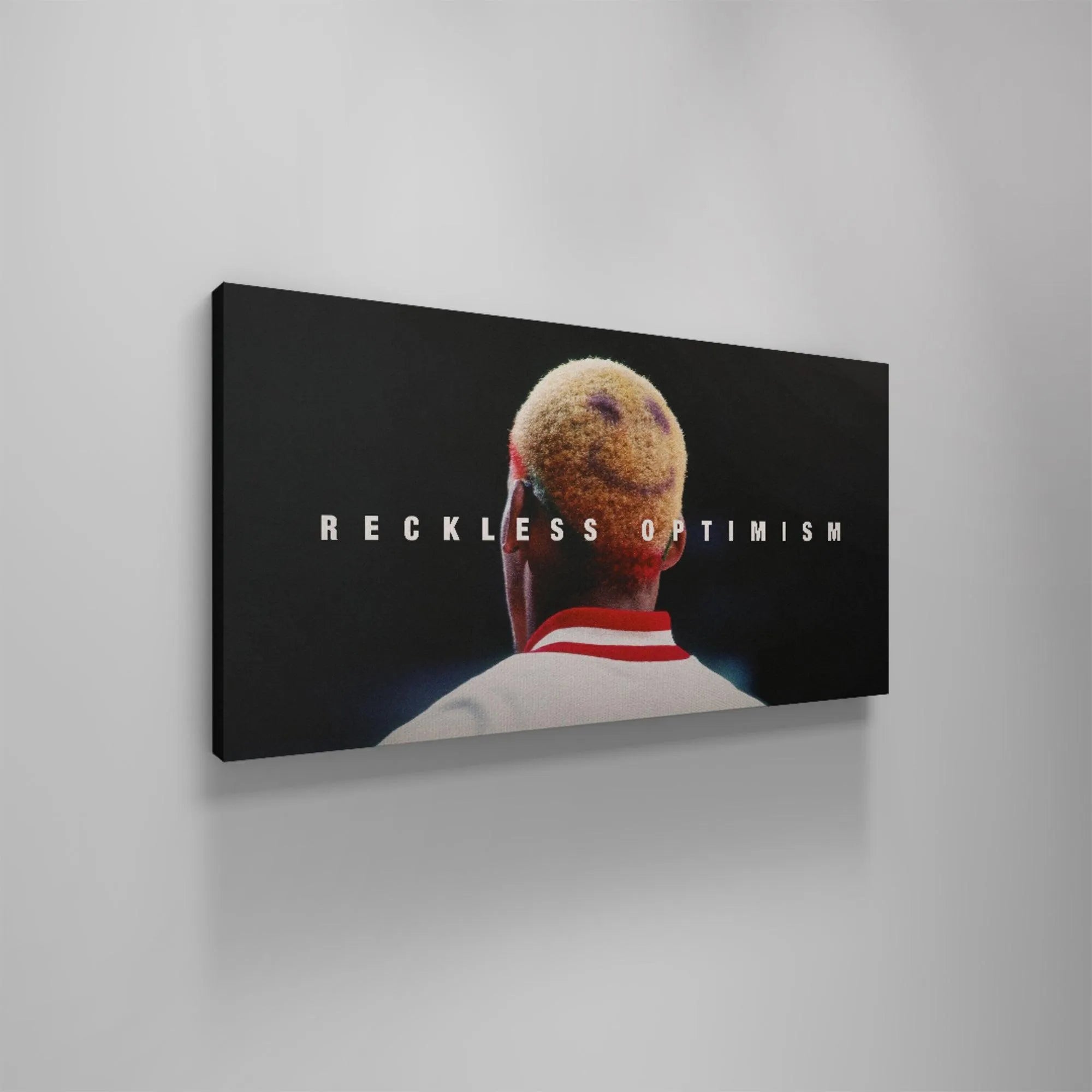 Minimalist depiction of Rodman's shoulders and neck featured prominently in the Dennis Rodman - Reckless Optimism artwork.