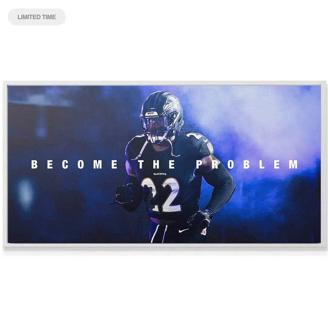 Derrick Henry - Become The Problem: Wide shot capturing the dramatic contrast between the athlete and the dark, smoky background.