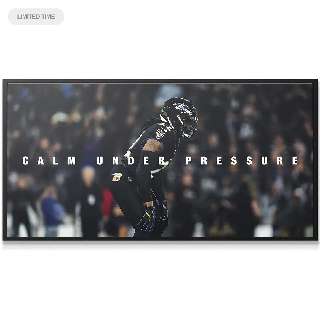 Close-up detail of Derrick Henry's helmet and intense profile, emphasizing the theme Calm Under Pressure.