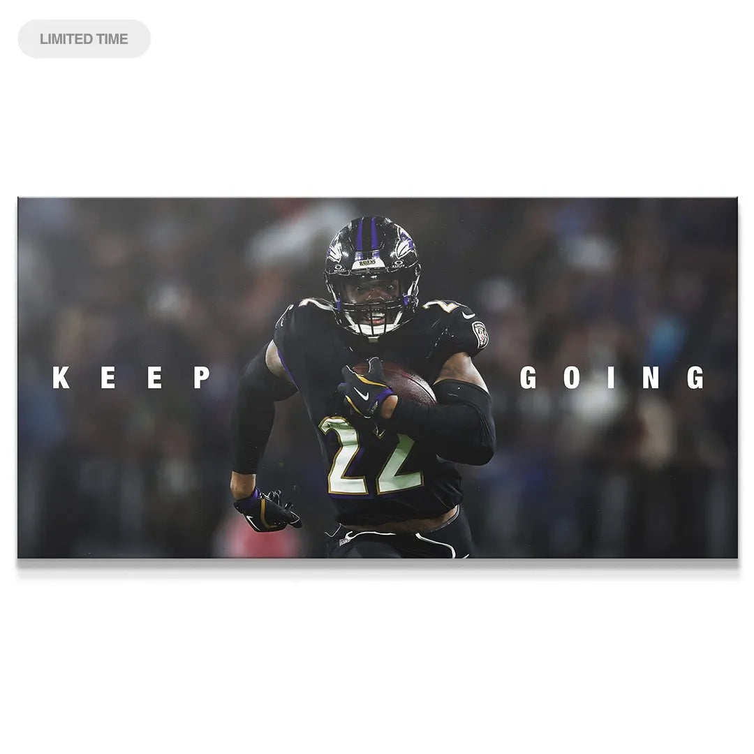 Dynamic full-action shot of Derrick Henry - Keep Going canvas print in a modern living room setting.