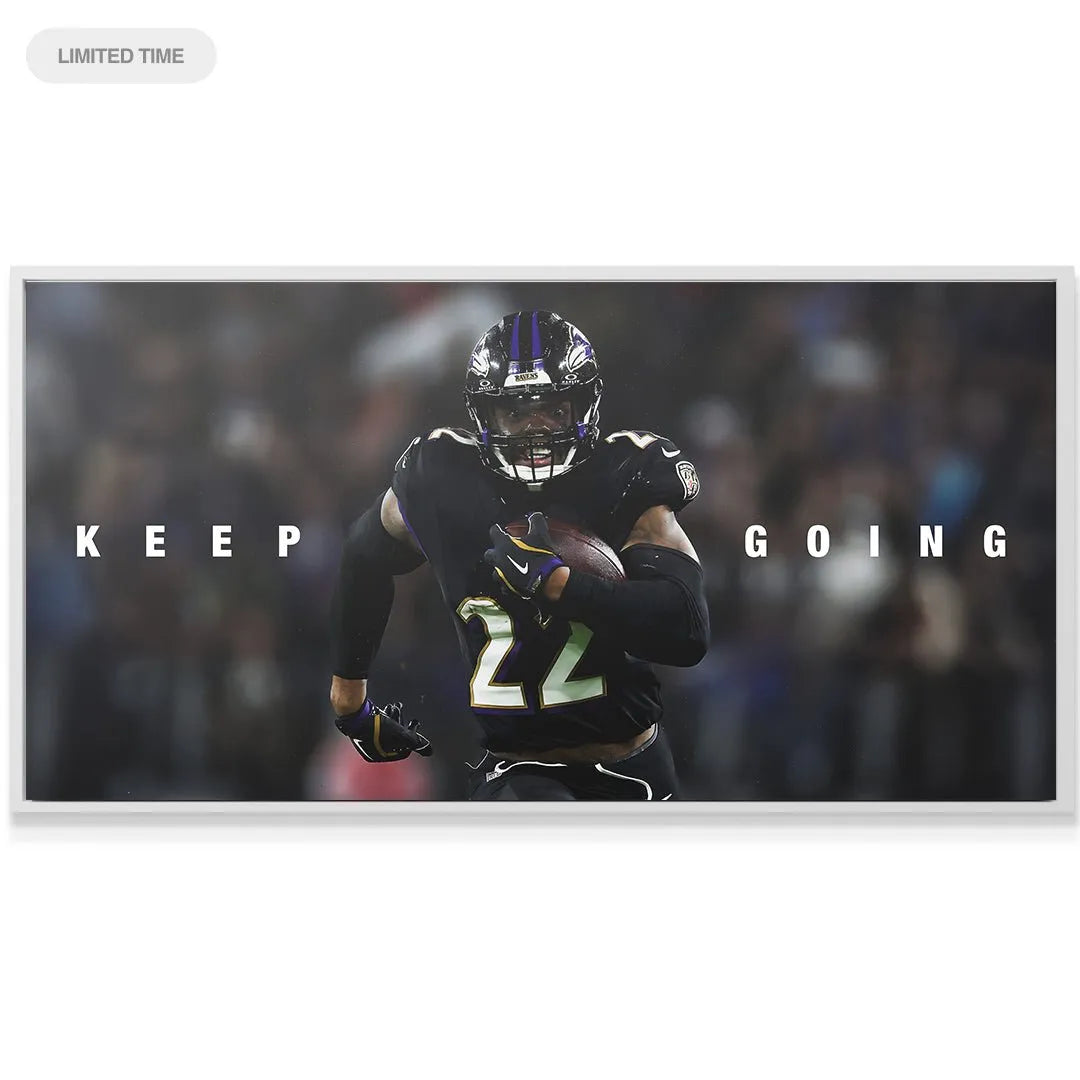 Wide, horizontal angle view of the Derrick Henry - Keep Going canvas emphasizing the motivational text layout.