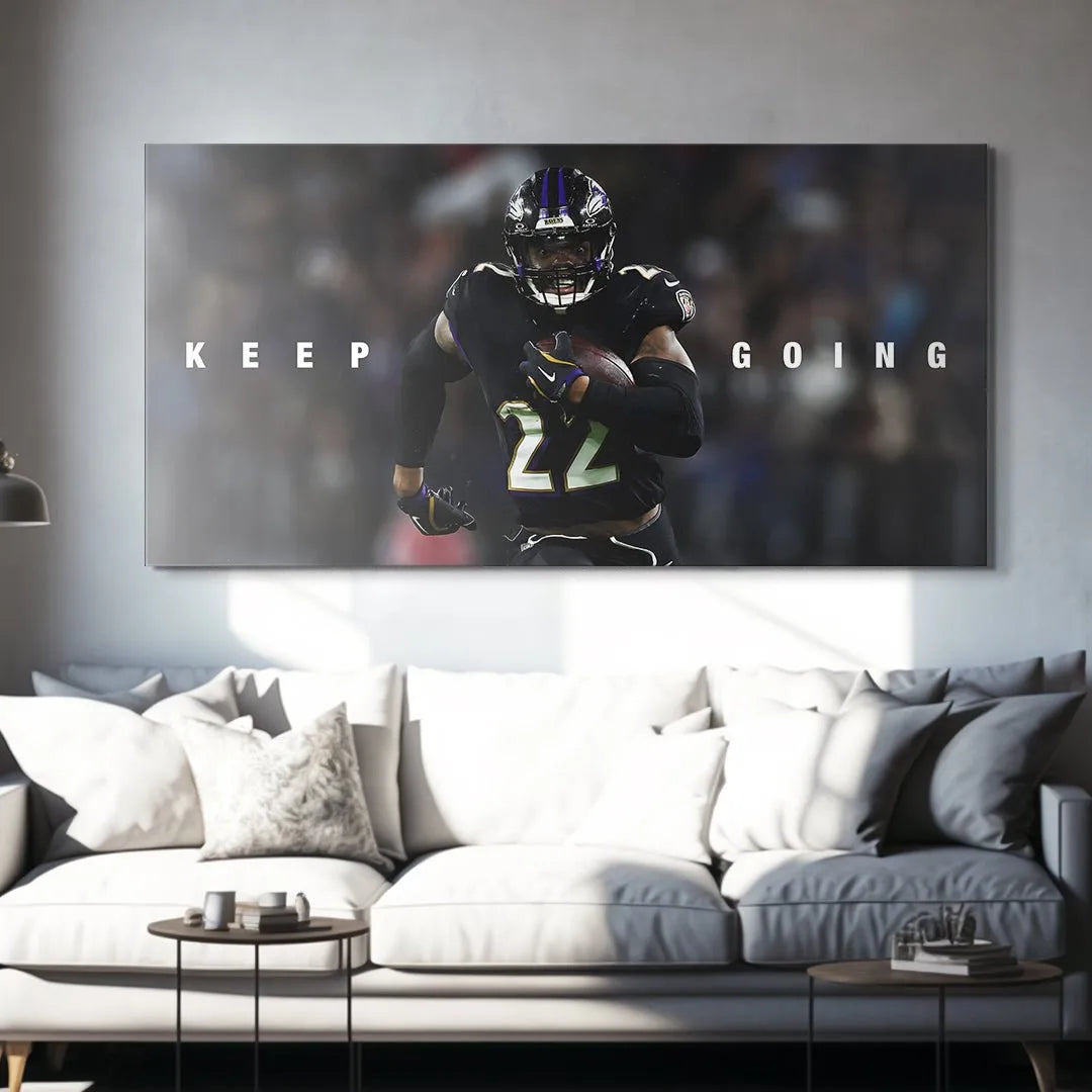 High-resolution crop focusing on Henry's helmet and focused facial expression for the Derrick Henry - Keep Going poster.