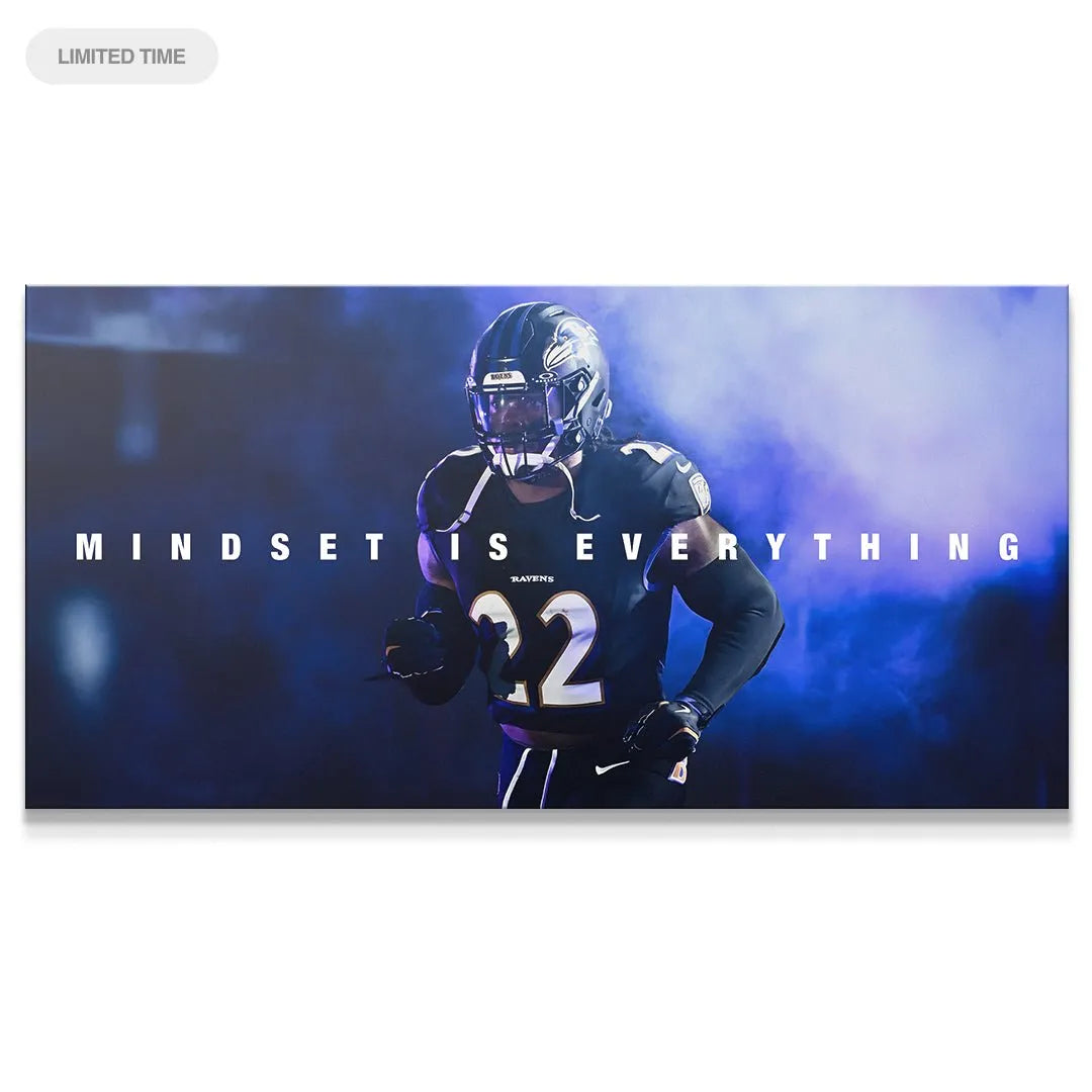 Wide shot of Derrick Henry in Ravens gear emerging from smoke, illustrating 'Derrick Henry - Mindset Is Everything' motto.