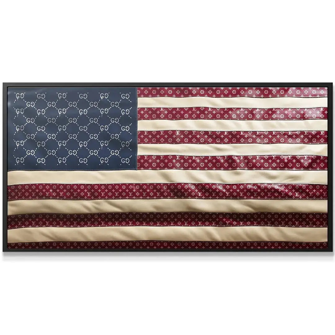Close-up on the navy blue field of the Designer USA Flag showing the stylized interlocking monogram texture.