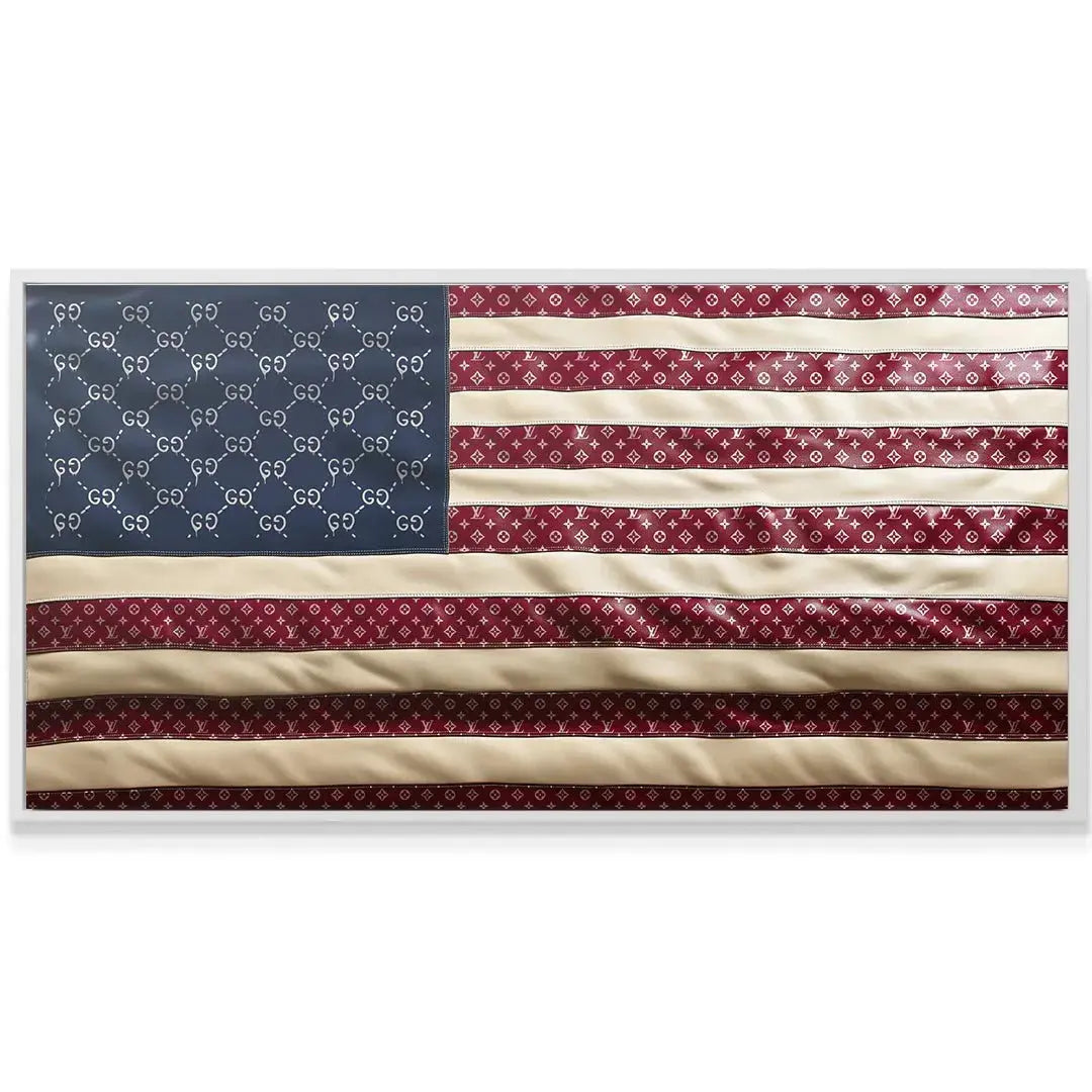 Detailed shot of the red and cream stripes of the Designer USA Flag featuring the repeating geometric pattern.