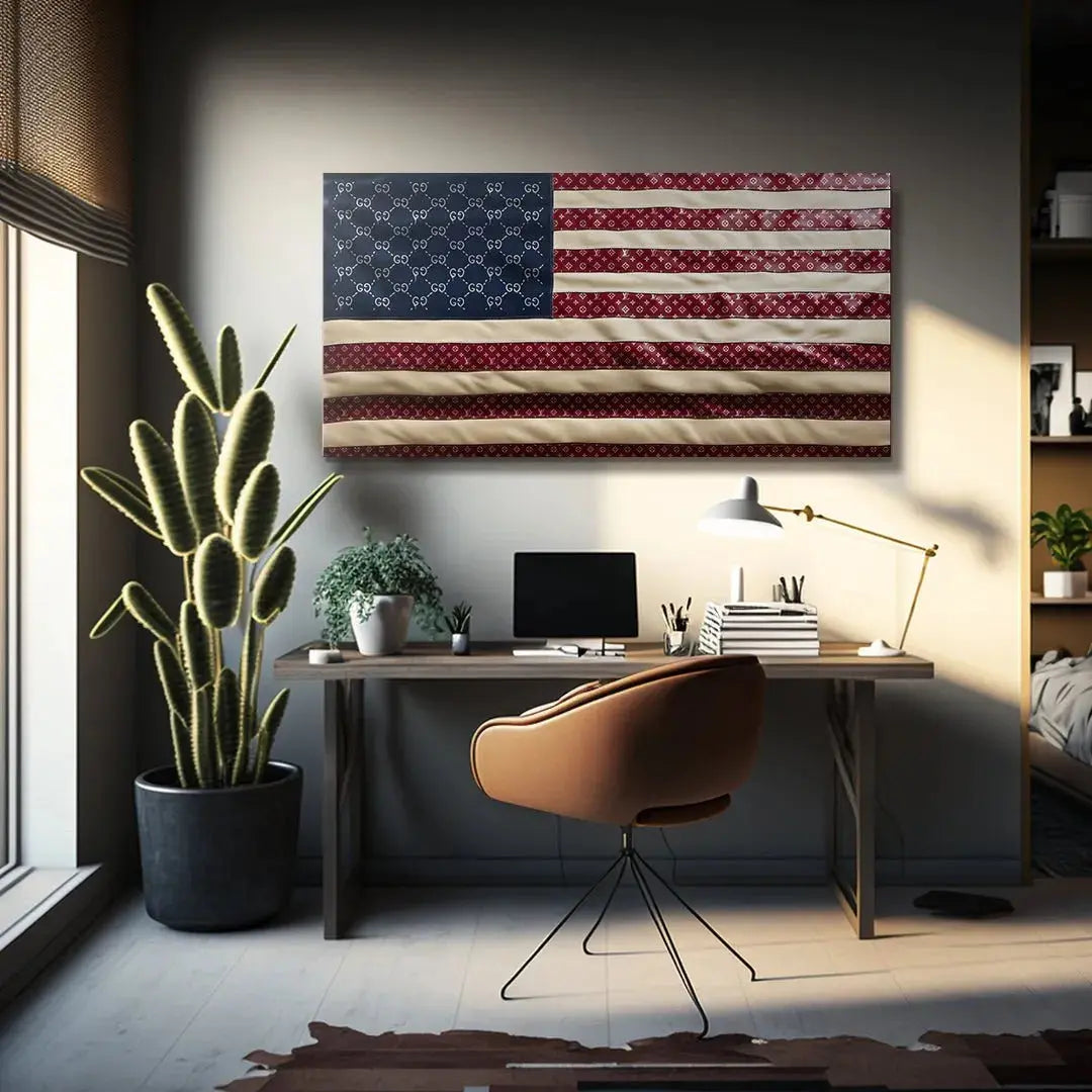 Diagonal angle perspective showcasing the sheen and material quality of the Designer USA Flag art piece.
