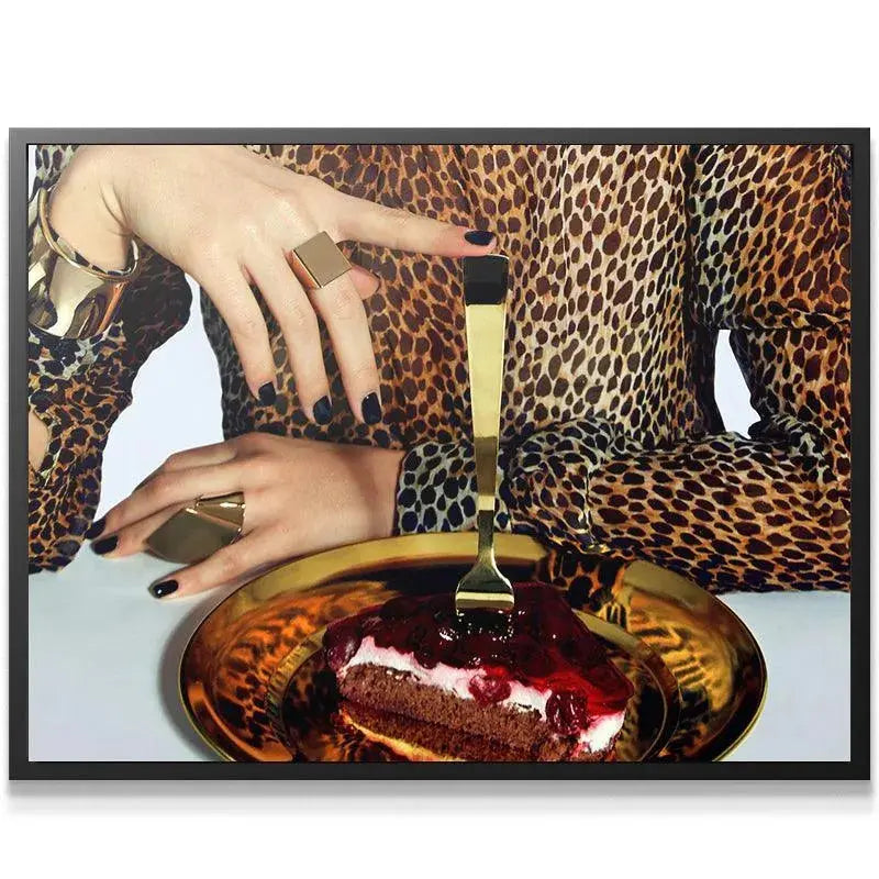 Hands wearing large gold rings resting near the decadent cake in the 'Dessert Hunt' image.