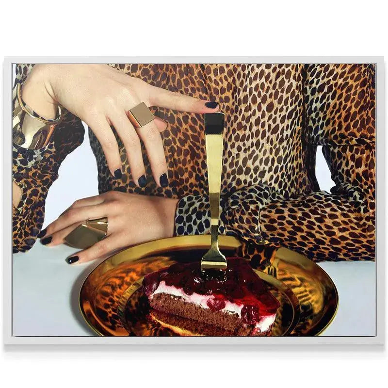 Detailed texture of the leopard print fabric juxtaposed with the smooth golden plate in 'Dessert Hunt'.