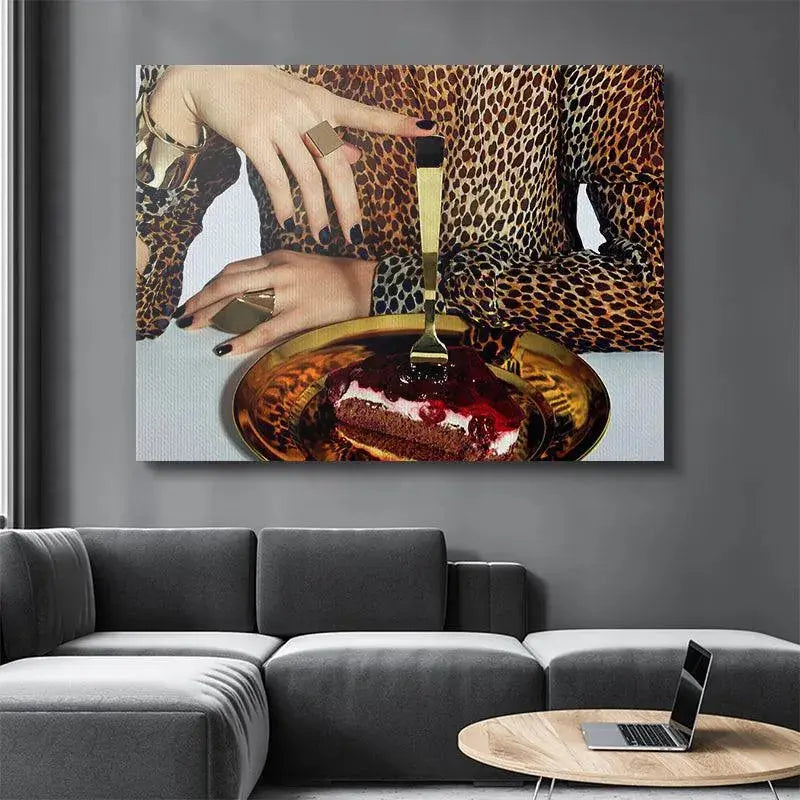 Shallow depth of field emphasizing the golden fork and glossy cake topping in 'Dessert Hunt' artwork.