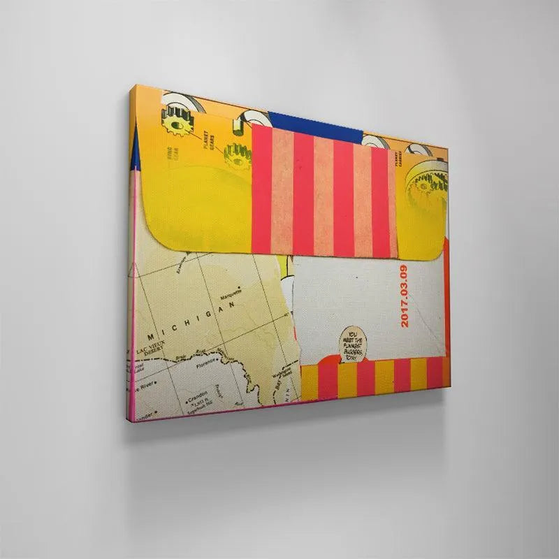 Lifestyle shot showing the quirky 'Dirty Thirty' collage art framed on a neutral, modern wall.