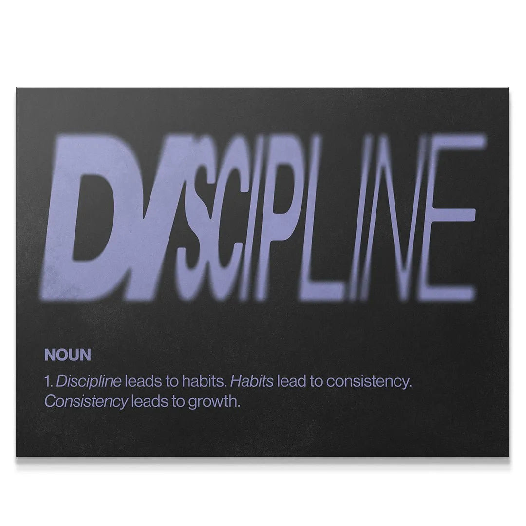 Close-up view of the purple, distorted typography showing the Discipline Definition text
