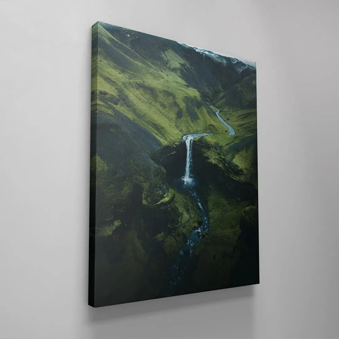 Lifestyle view: Framed DJI nature print displayed in a modern, minimalist living room.