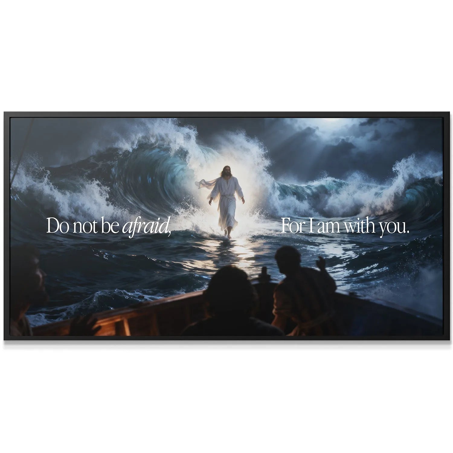 Detail shot of the backlit figure of Jesus contrasting sharply with the crashing turquoise waves, embodying Do Not Be Afraid, For I Am With You.