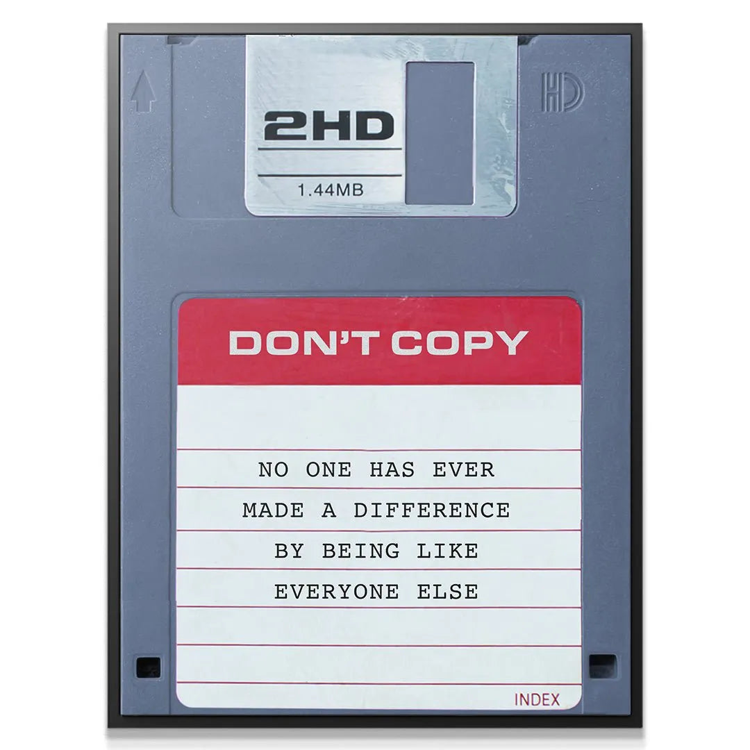 Close-up detail of the 2HD 1.44MB label and the 'Don't Copy' text on the vintage diskette.