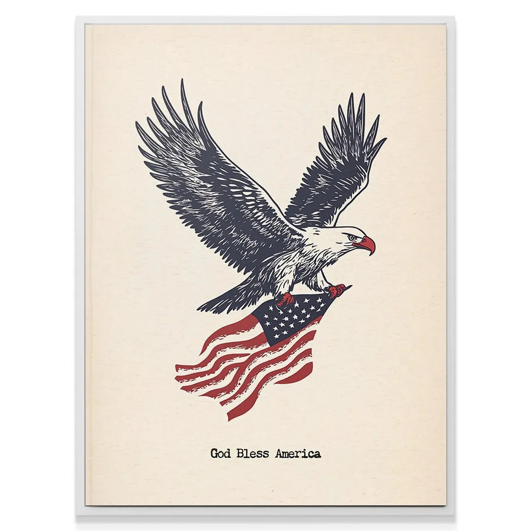 Texture shot focusing on the aged, parchment paper effect and the detailed line-work of the print "Eagle - God Bless America."