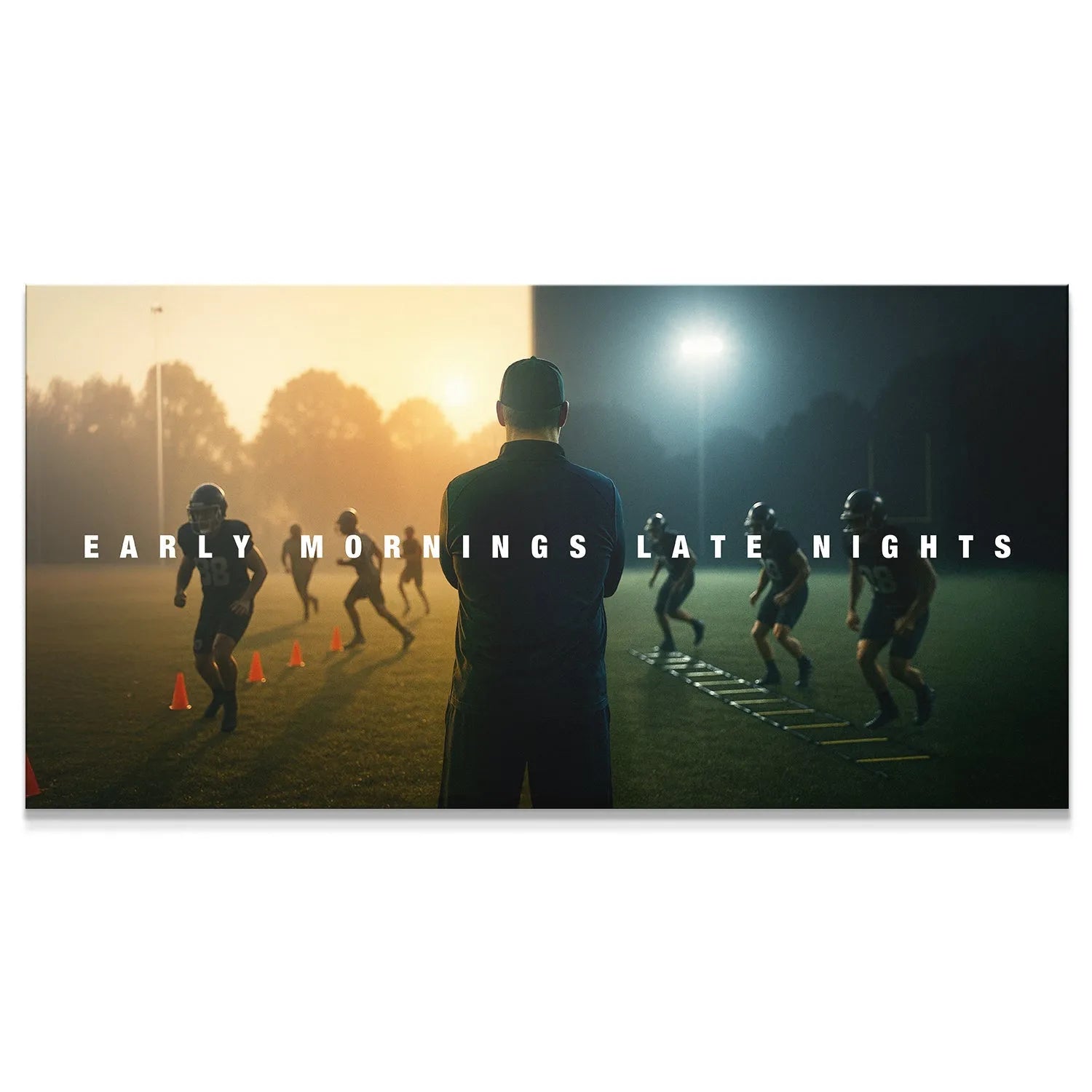 Coach silhouette watching athletes under dual lighting for Early Mornings Late Nights training.