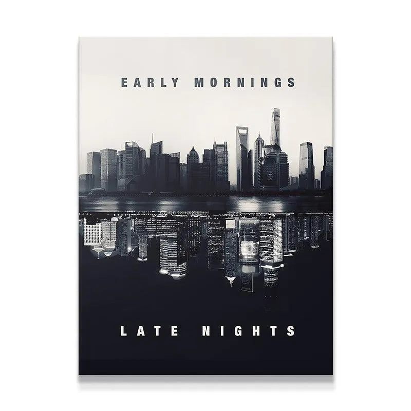 High-resolution print of 'Early Mornings. Late Nights. (B&W)' emphasizing the texture and deep blacks of the canvas.