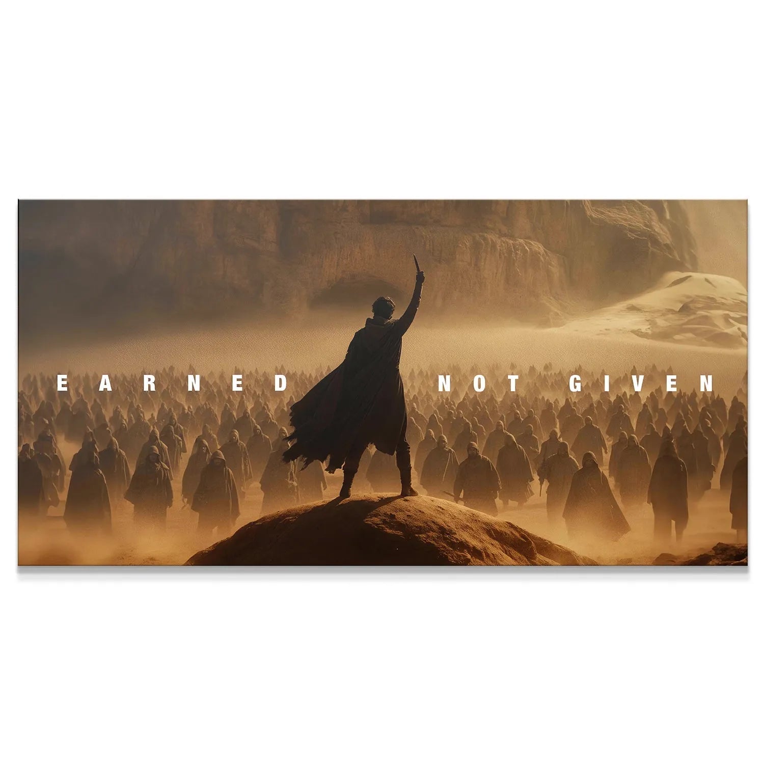 Wide cinematic view of the motivational desert landscape canvas 'Earned Not Given'.