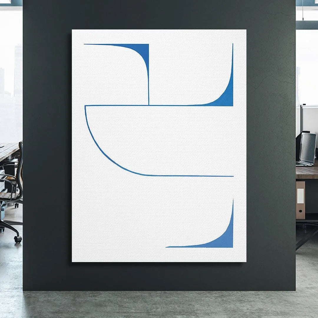 Angled shot of the 'Eidos' print emphasizing the contrast between the white border and blue segments.