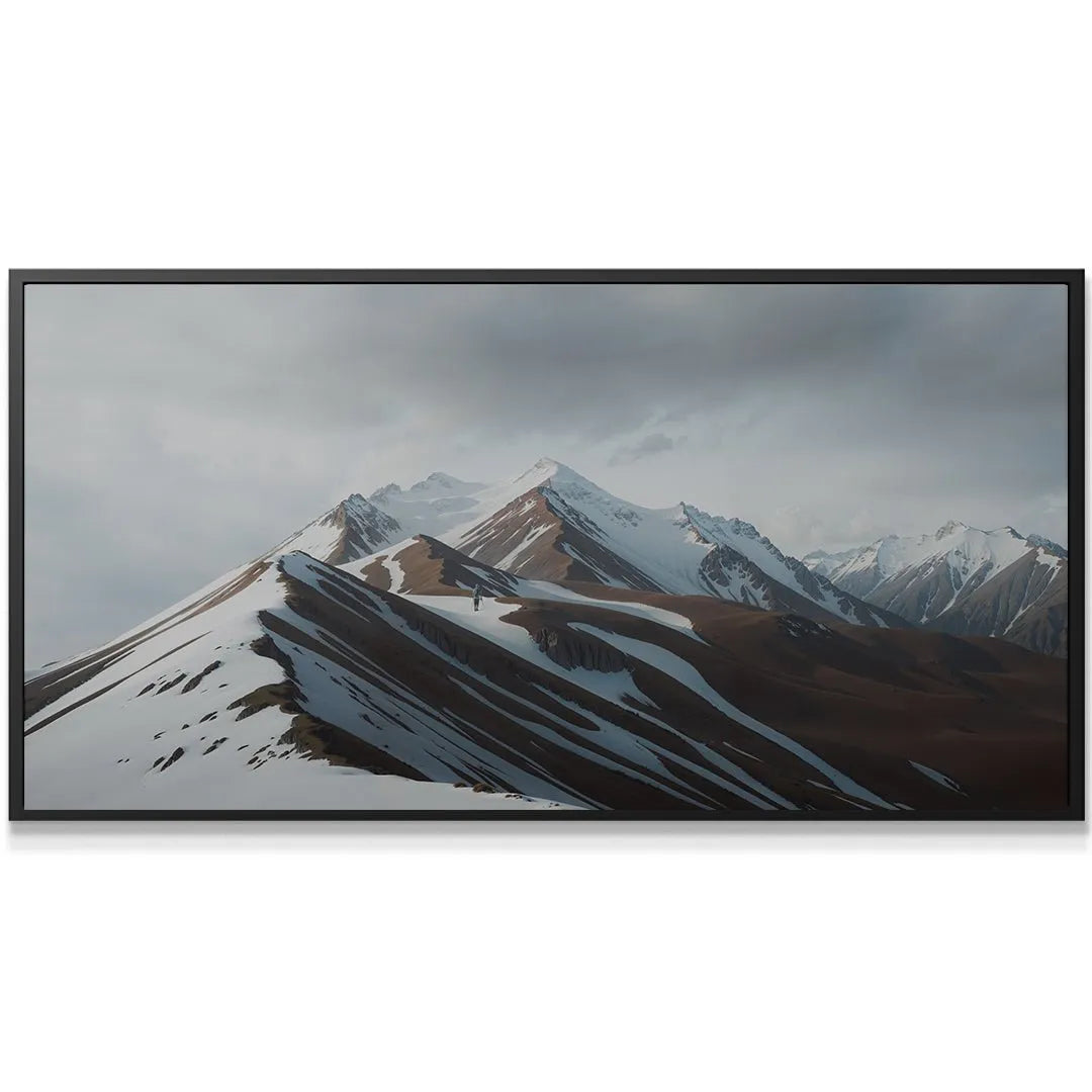 Subtle gray tonal shifts captured on the snowy alpine slopes and cloudy sky, reinforcing the power of 'Embrace The Journey'.