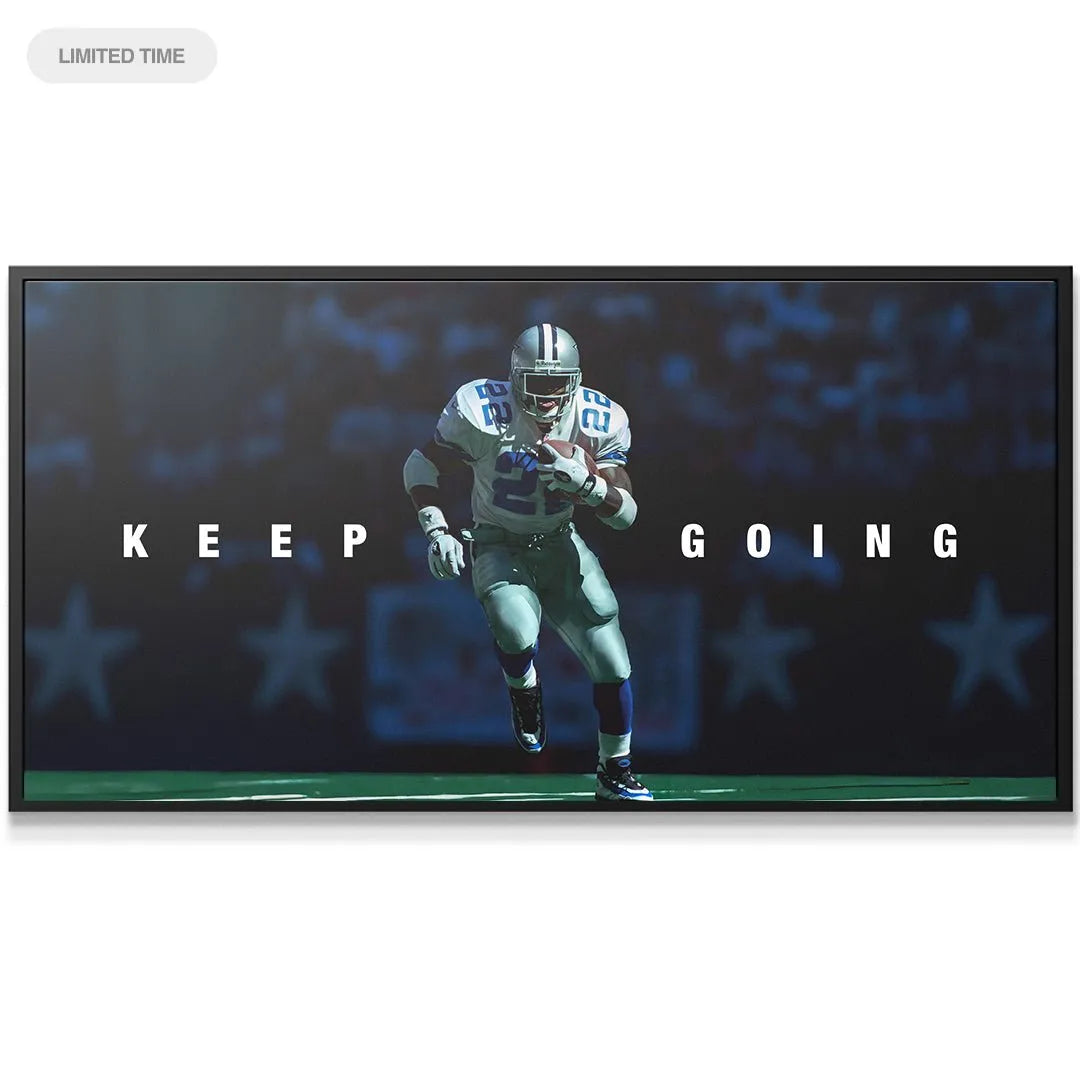 Close-up texture view of the premium matte canvas surface displaying Emmitt Smith - Keep Going.