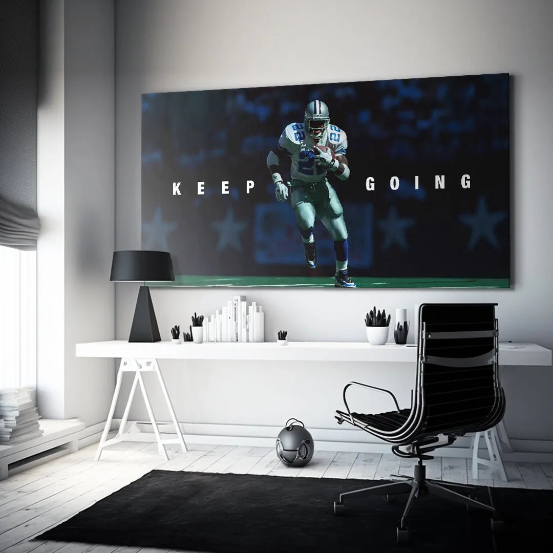 Detailed shot of Emmitt Smith's helmet and jersey number 22 in the 'Emmitt Smith - Keep Going' artwork.