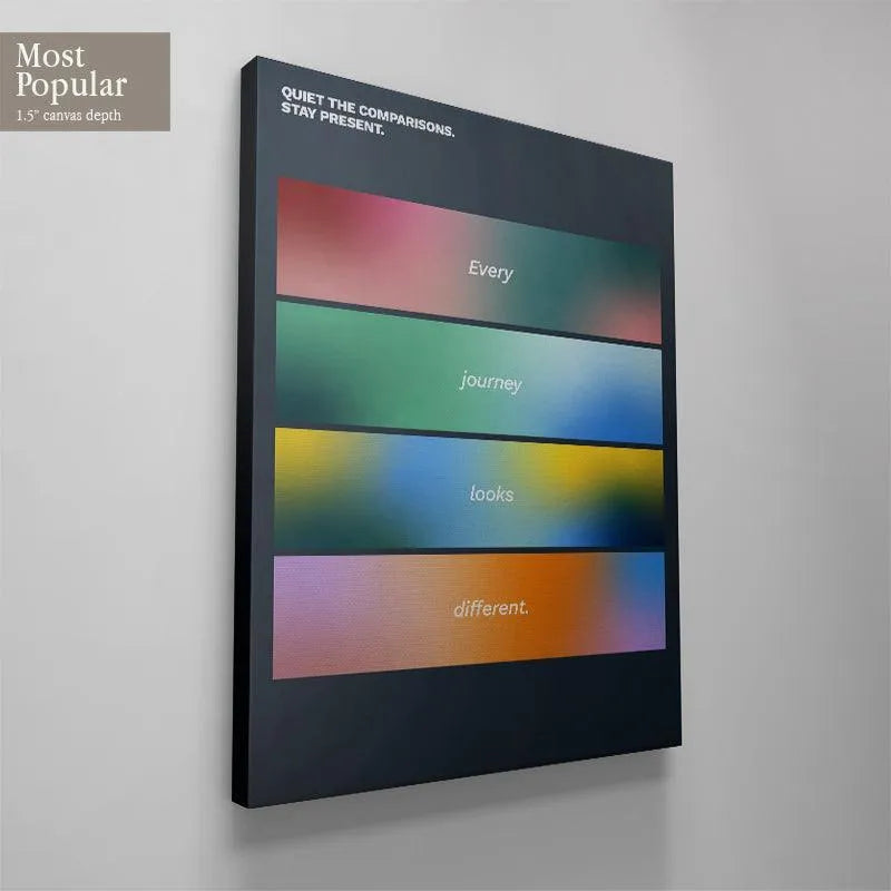 Diagonal angle emphasizing the dark, neutral border that frames the vibrant colors of Every Journey Looks Different poster.