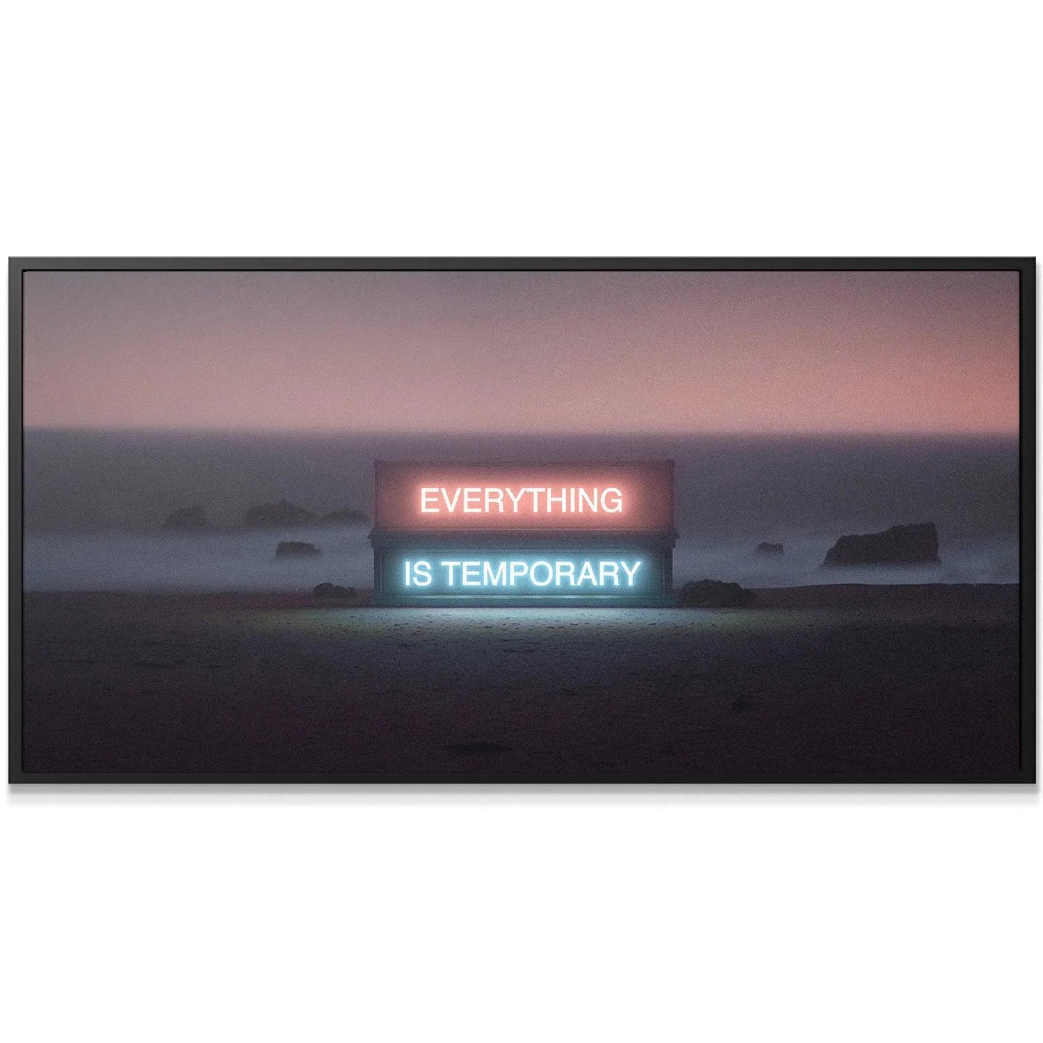 Close-up view of the dual-tone pink and blue neon illumination reading 'Everything Is Temporary' against the fog.